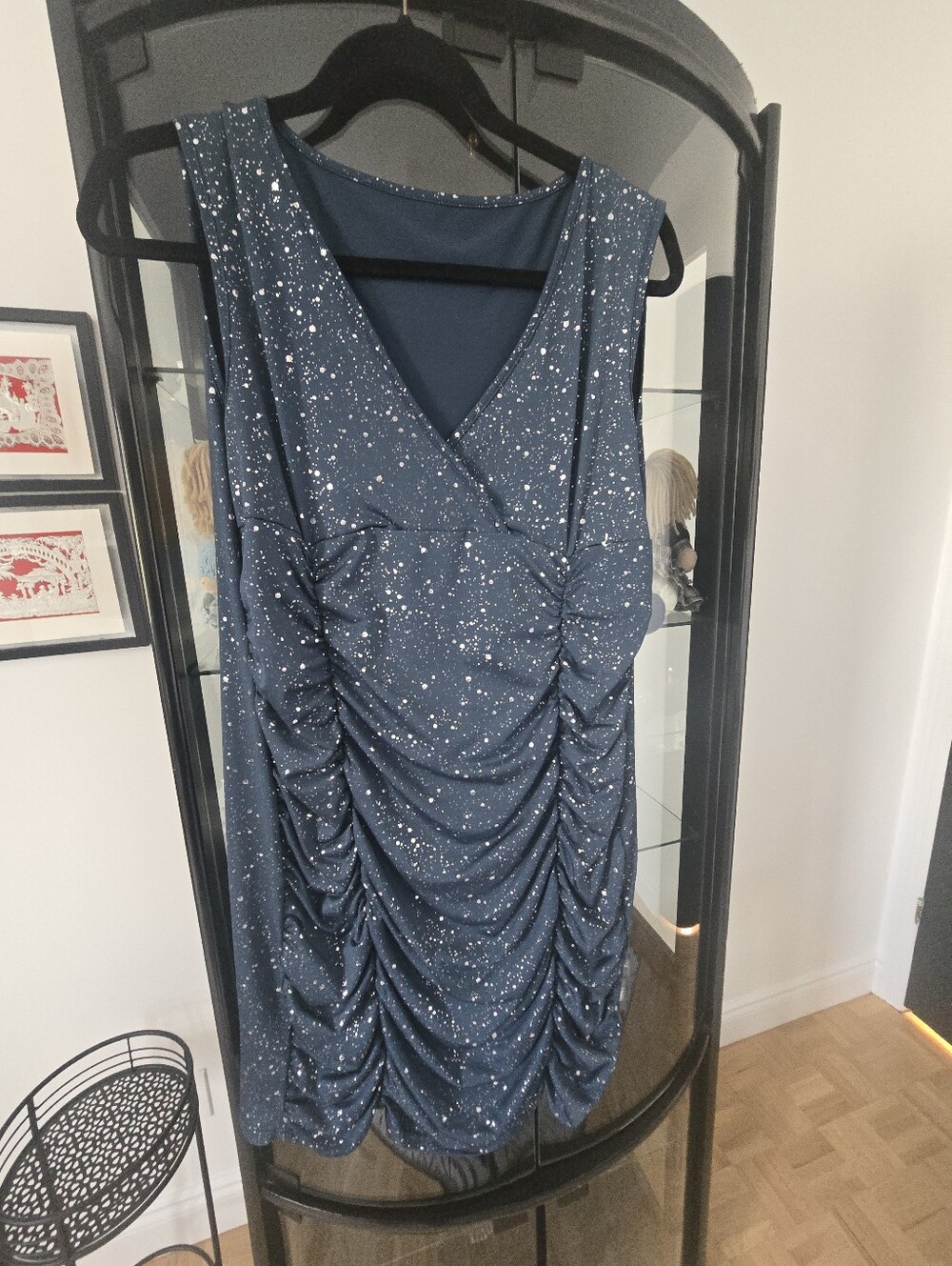 Sleeveless Navy Sparkle Ruched V-Neck Dress